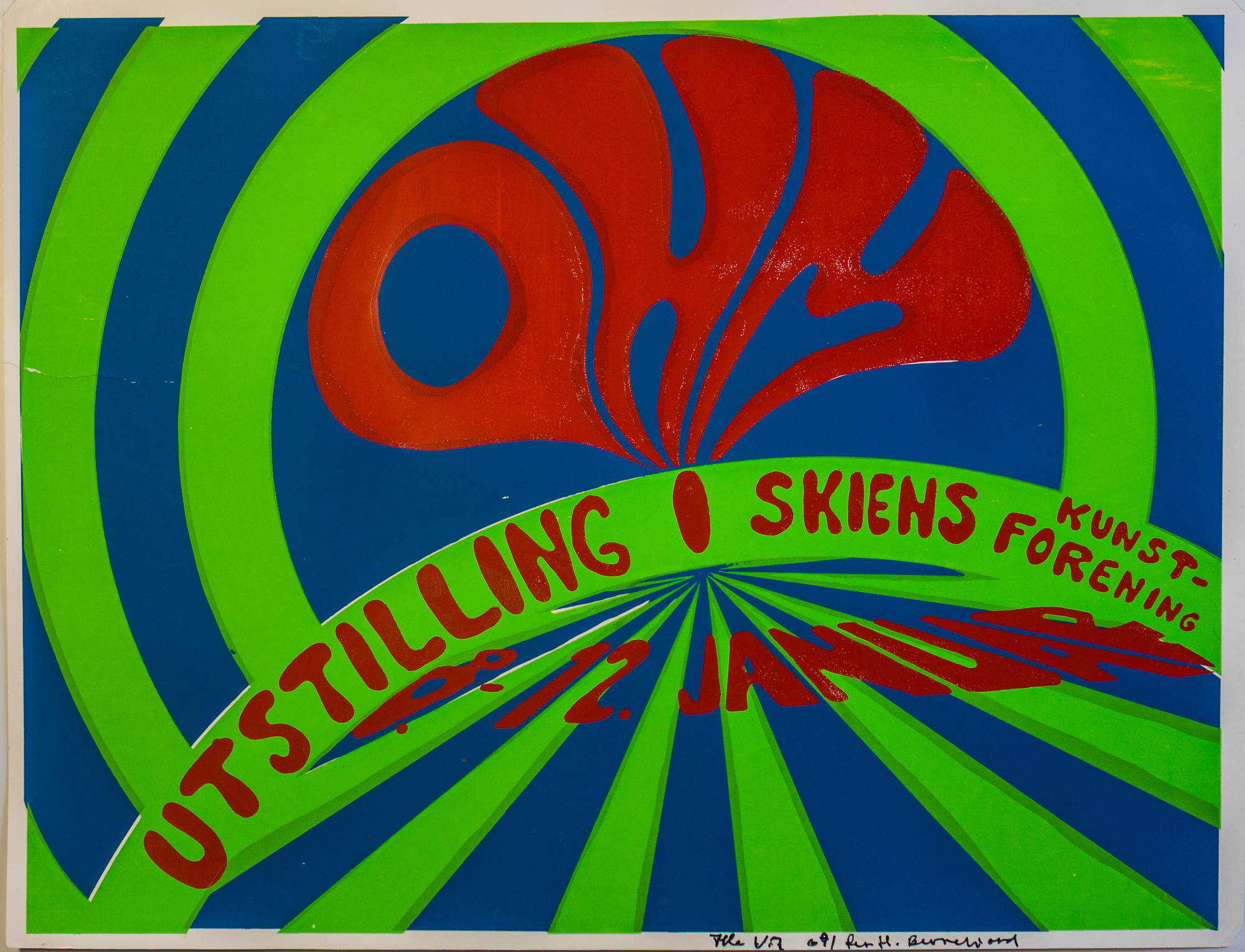 OHM-plakat til utstillingen i Skiens kunstforening i januar 1969. Plakat: Per Helge Berrefjord og Atle Vik.